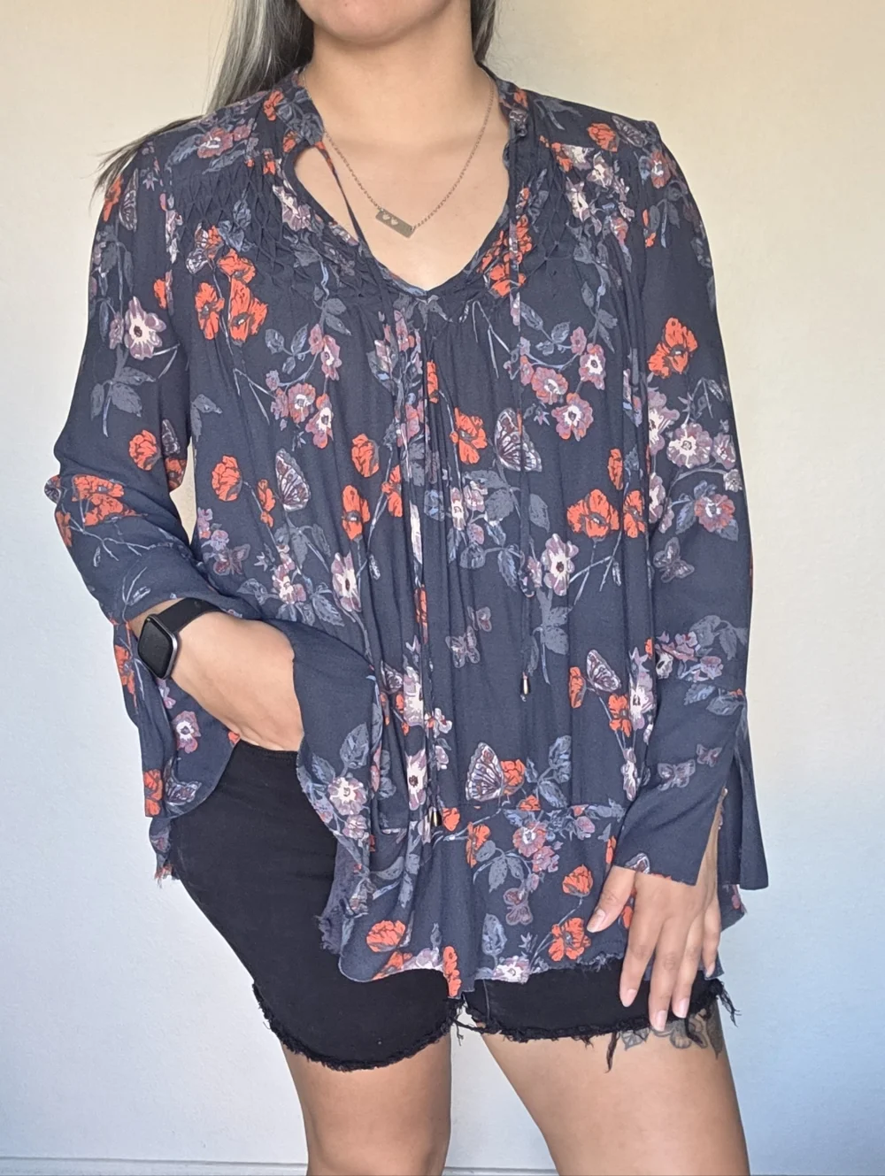FREE PEOPLE So Fine Pebble Crepe Smocked Tunic Top. Size S